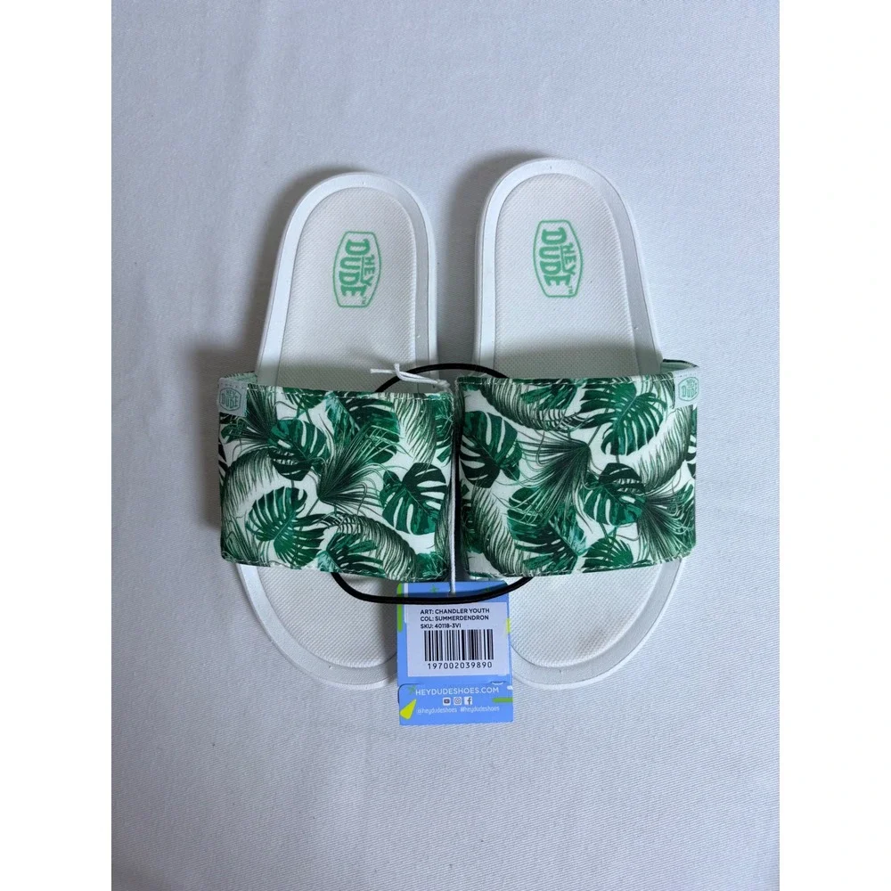 Hey Dude Chandler Youth Slides Size 1-2 Summerdendron New Tropical Palm Sandals